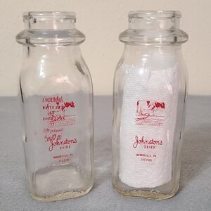 (2) Vintage Johnston's Solution to Pollution 1/2 Pint Dairy Glass Milk Bottles